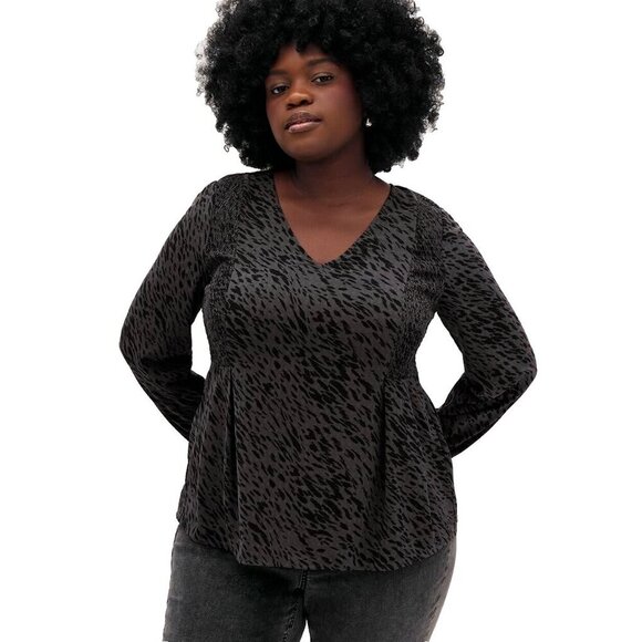 Womens Plus 2X Fit and Flare Blouse Smocked Side Gray Thunderstorm Printed - Picture 1 of 11